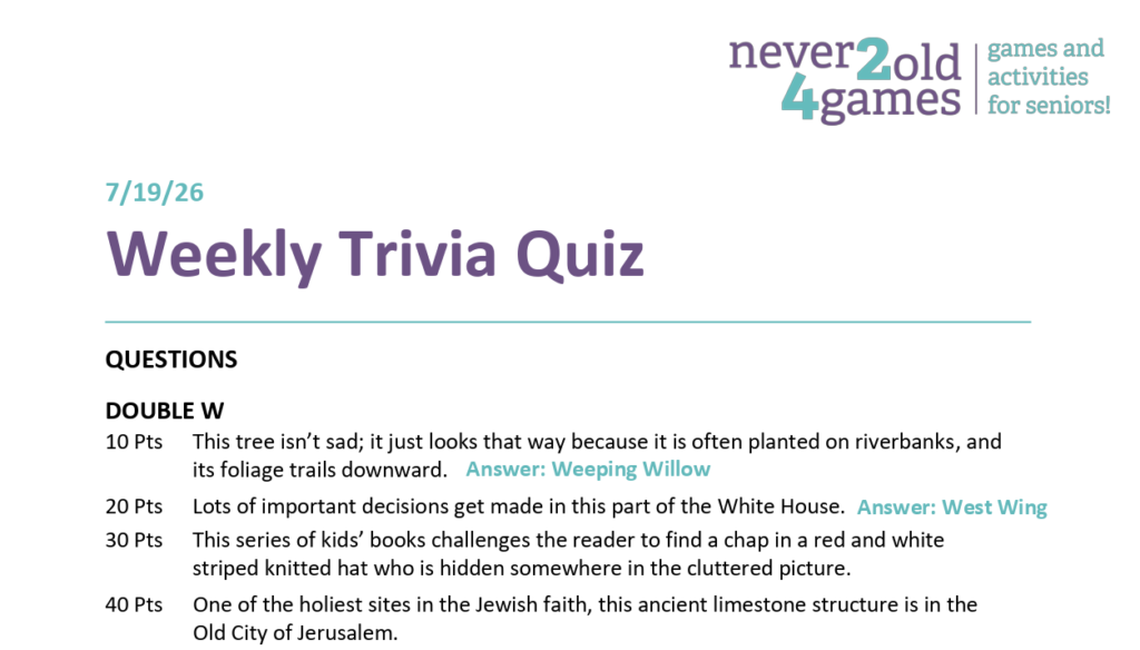 Our weekly trivia game features five categories with five questions. Swept the category and you could earn 100 points!